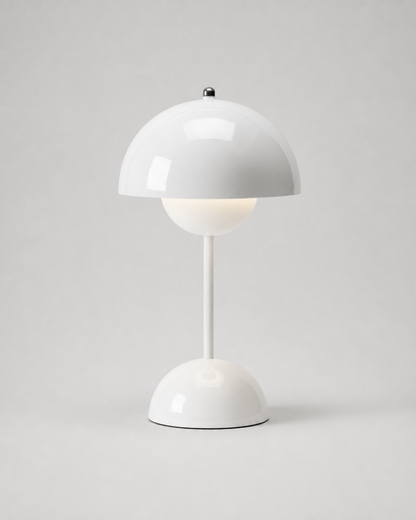 ODEN Cordless Mushroom Table Lamp — USB Rechargeable, Many Colours — White, studio packshot on grey background | DecoHarmonie