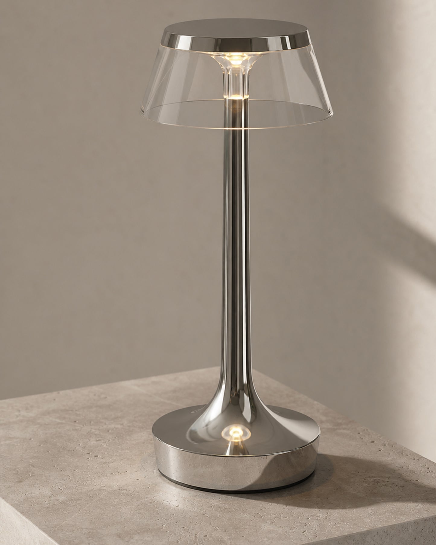 ORIN Cordless Table Lamp — Metallic Dome, USB Rechargeable — Chrome, base stem detail | DecoHarmonie