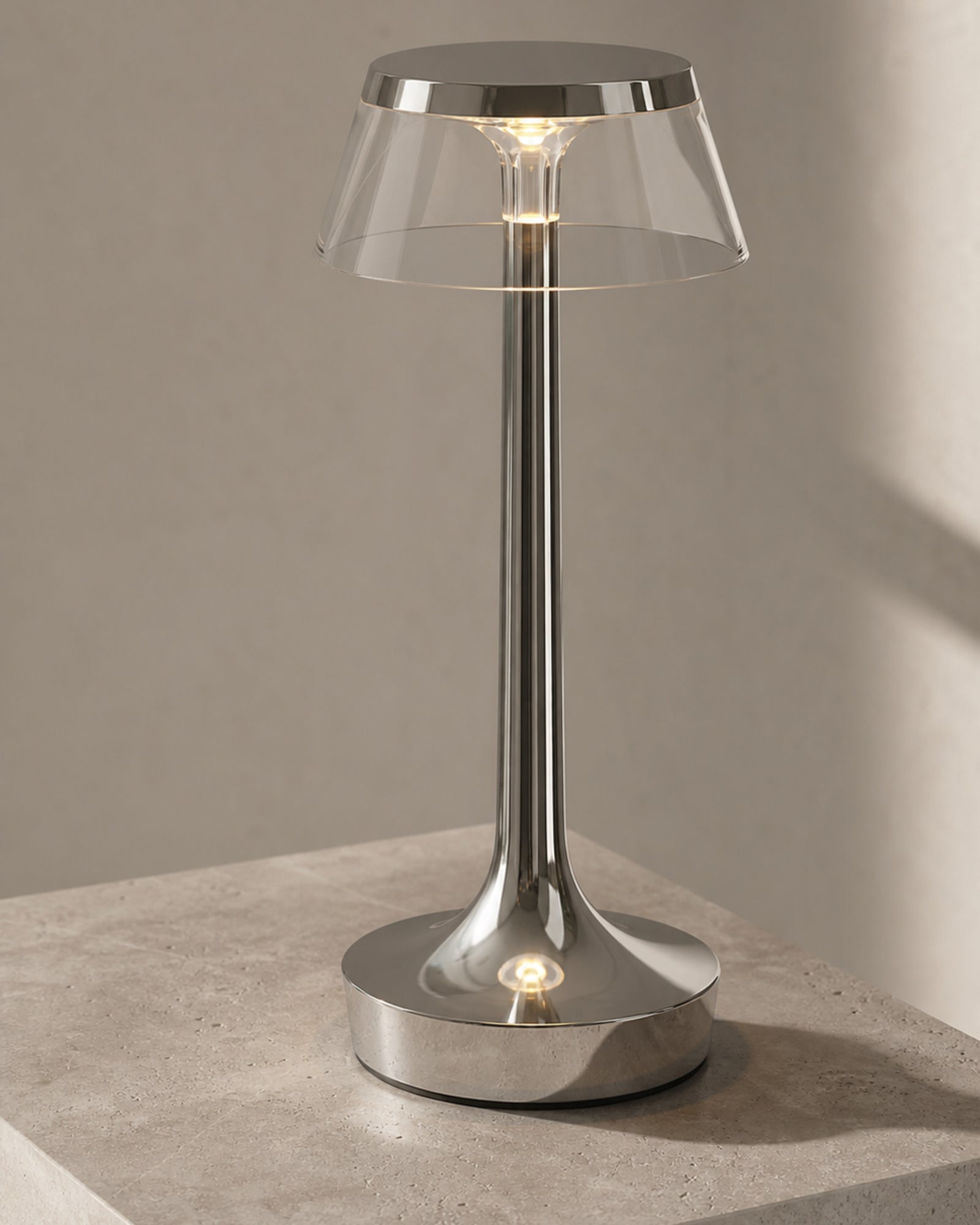 ORIN Cordless Table Lamp — Metallic Dome, USB Rechargeable — Chrome, base stem detail | DecoHarmonie