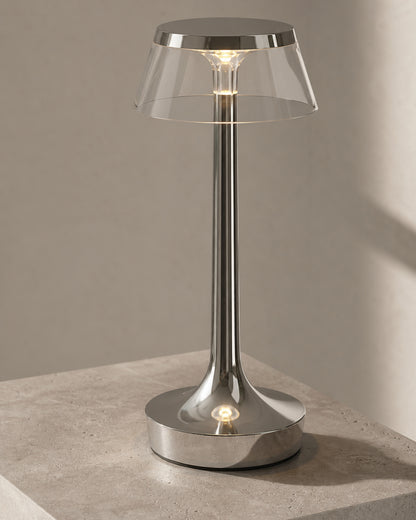 ORIN Cordless Table Lamp — Metallic Dome, USB Rechargeable — Chrome, base stem detail | DecoHarmonie