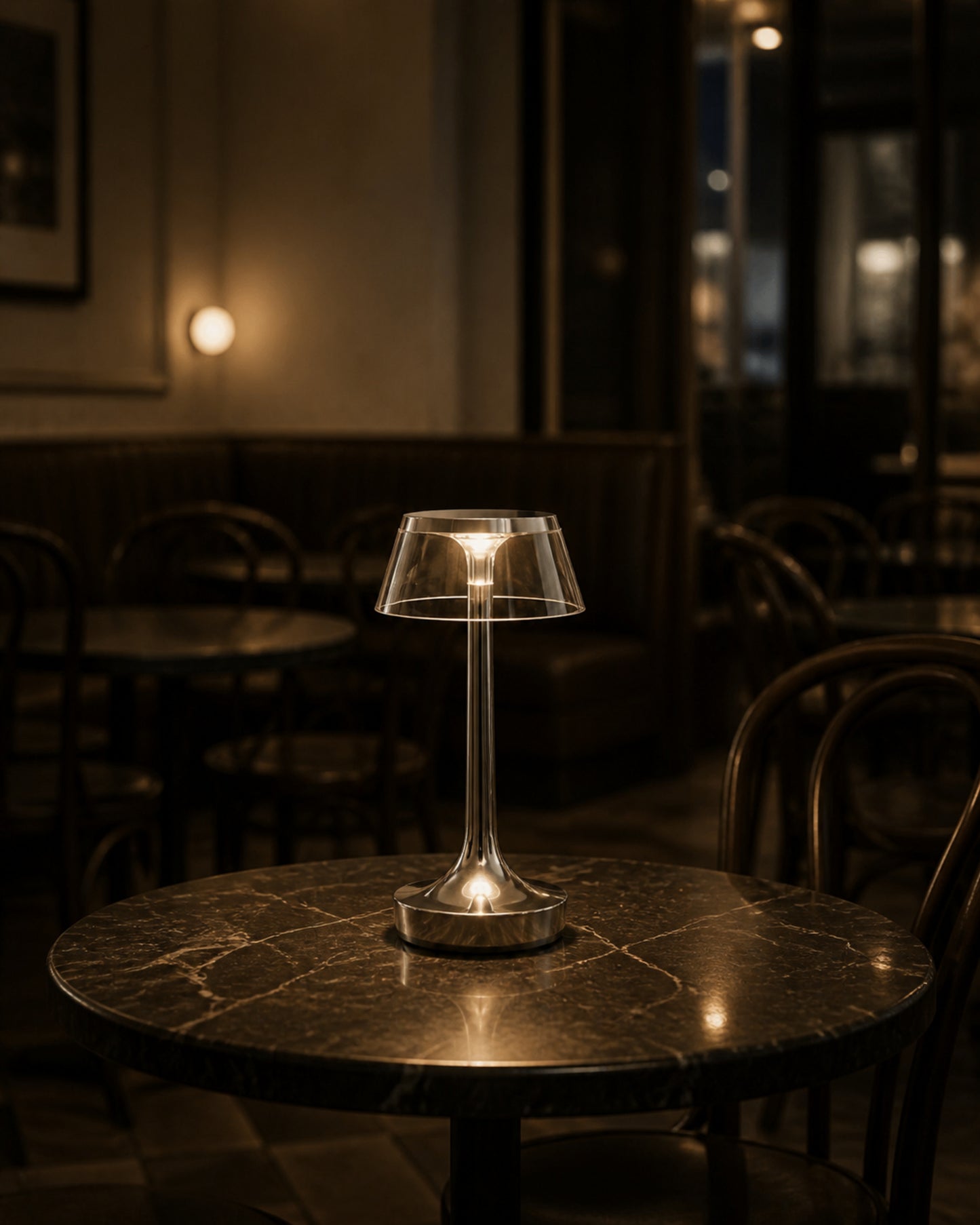ORIN Cordless Table Lamp — Metallic Dome, USB Rechargeable — Chrome, cafe lifestyle | DecoHarmonie