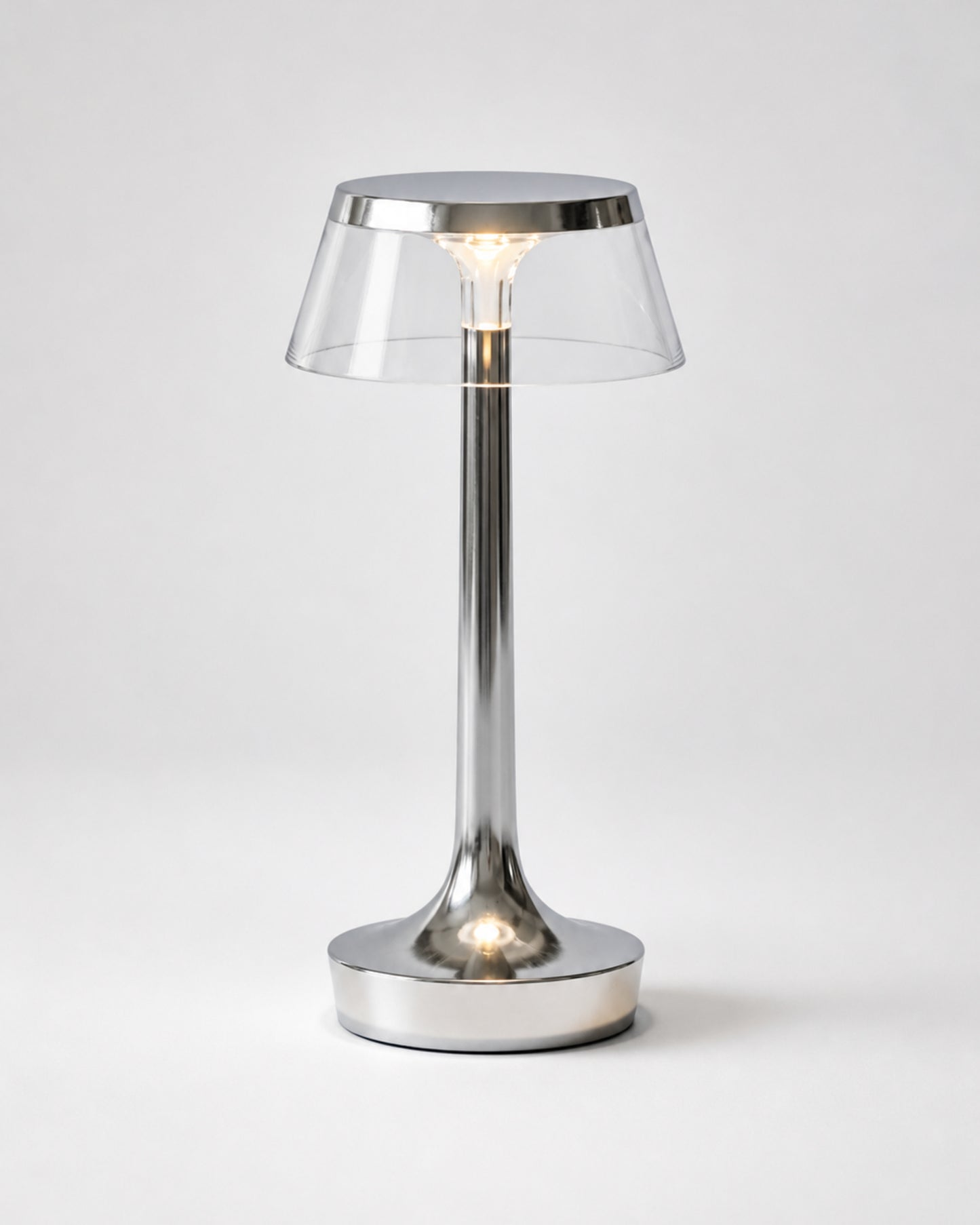 ORIN Cordless Table Lamp — Metallic Dome, USB Rechargeable — Chrome, studio packshot on grey background | DecoHarmonie