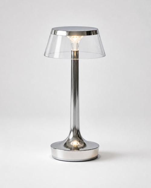 ORIN Akku-Tischlampe – Chrom, Produktansicht vor neutralem Hintergrund | DecoHarmonie