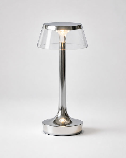 ORIN Cordless Table Lamp — Metallic Dome, USB Rechargeable — Chrome, studio packshot on grey background | DecoHarmonie