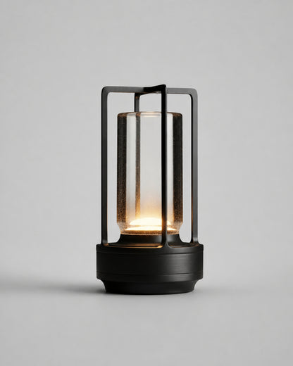 RUNA Cordless Lantern Table Lamp — Brushed Aluminium, Tri-LED — Black, studio packshot on grey background | DecoHarmonie