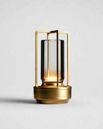 RUNA Cordless Lantern Table Lamp — Brushed Aluminium, Tri-LED — Gold, studio packshot on grey background | DecoHarmonie
