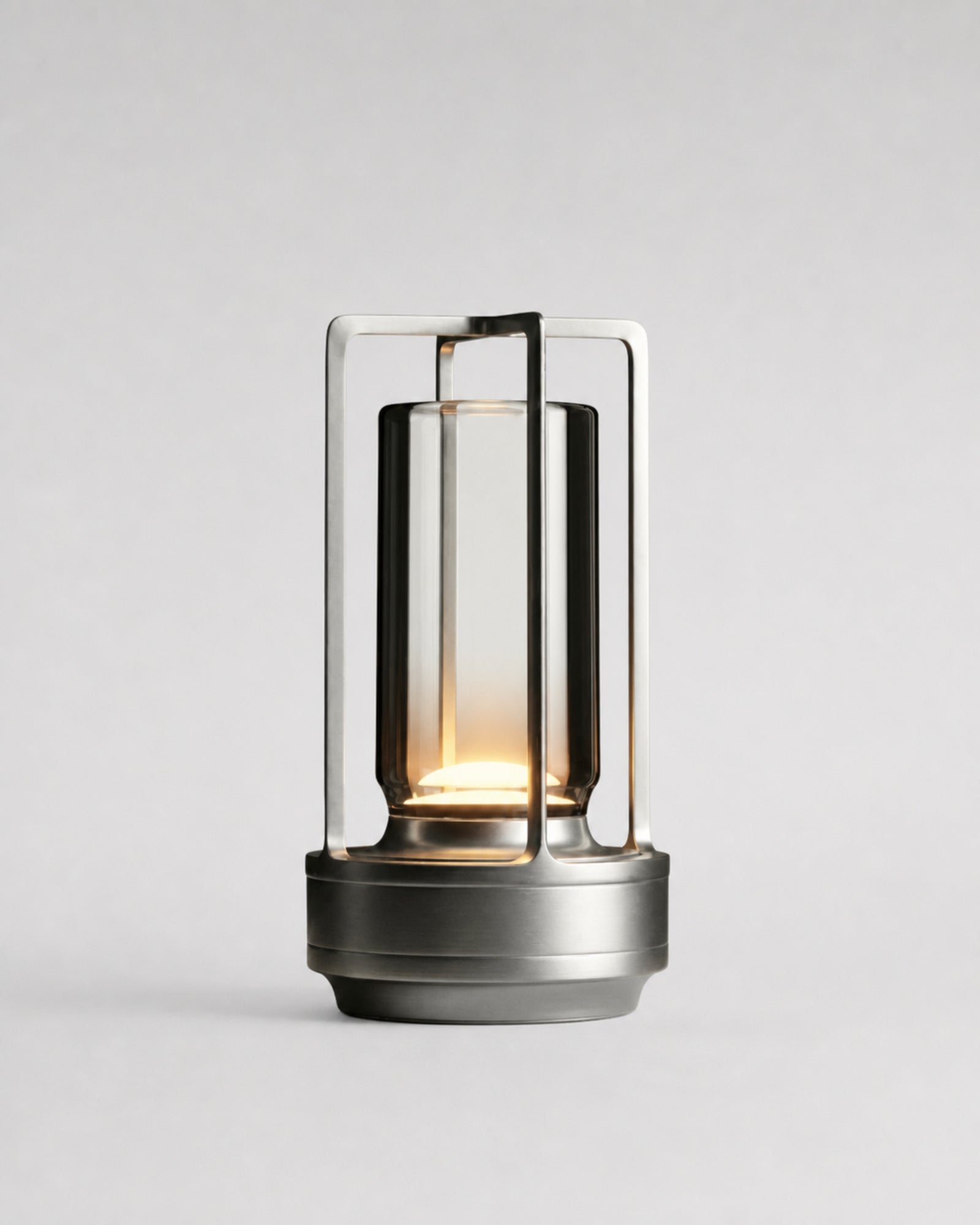 RUNA Cordless Lantern Table Lamp — Brushed Aluminium, Tri-LED — Silver, studio packshot on grey background | DecoHarmonie