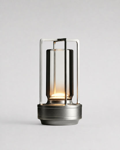 RUNA Cordless Lantern Table Lamp — Brushed Aluminium, Tri-LED — Silver, studio packshot on grey background | DecoHarmonie