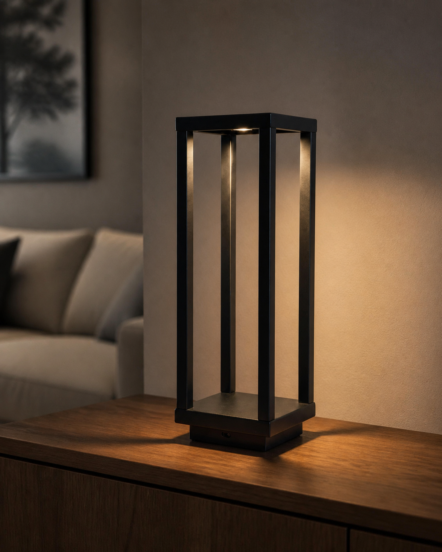 SORA Cordless Table Lamp — Aluminium Lantern — Black, lifestyle view, dark oak living room | DecoHarmonie
