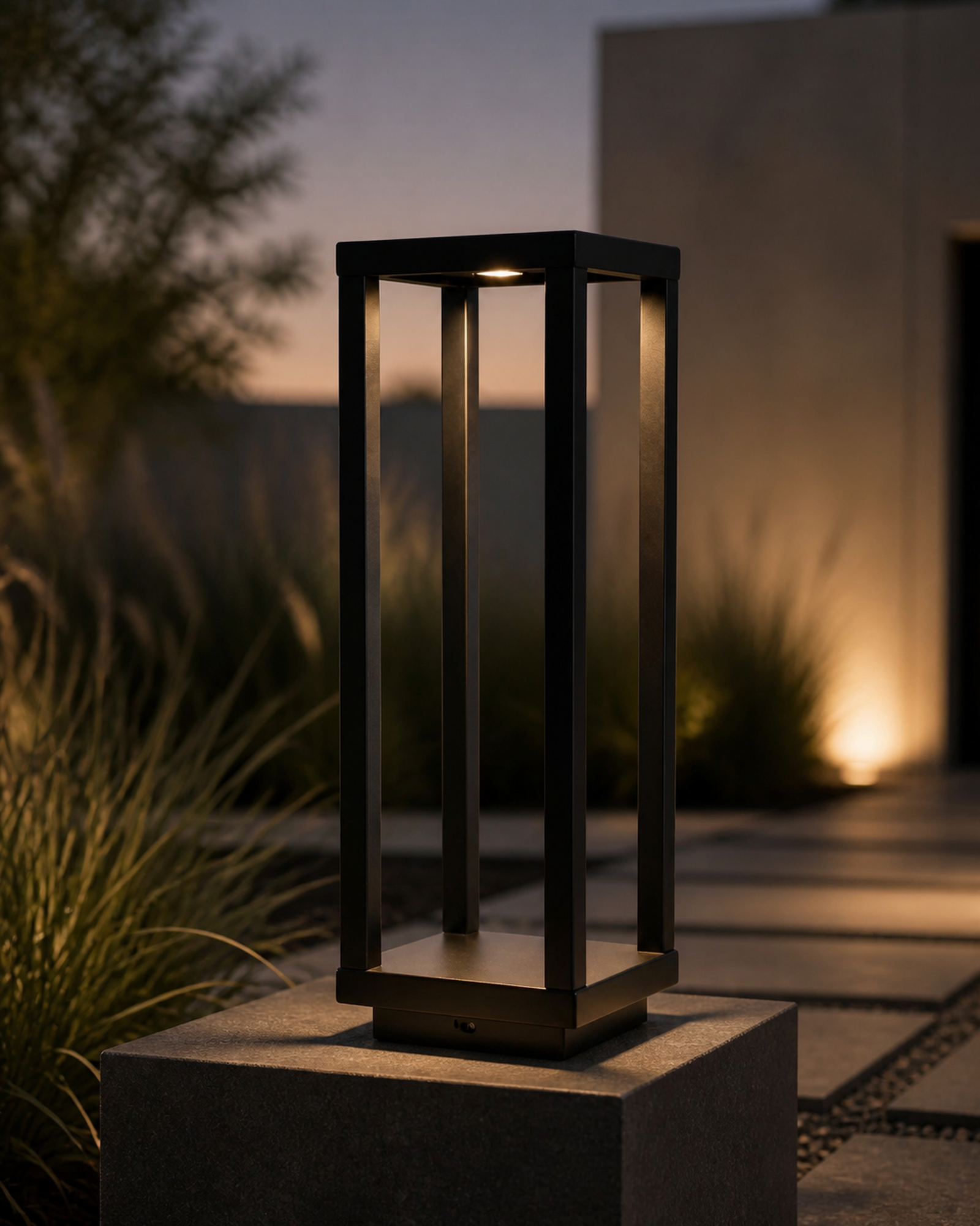 SORA Cordless Table Lamp — Aluminium Lantern — Black, lifestyle view, garden path | DecoHarmonie