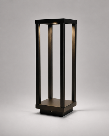 SORA Cordless Table Lamp — Aluminium Lantern — Black, studio packshot on grey background | DecoHarmonie