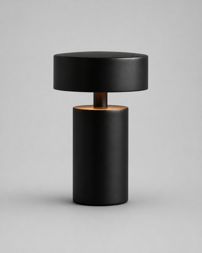TOMI Cordless Table Lamp — Brushed Metal Cylinder, USB Charging — Black, studio packshot on grey background | DecoHarmonie