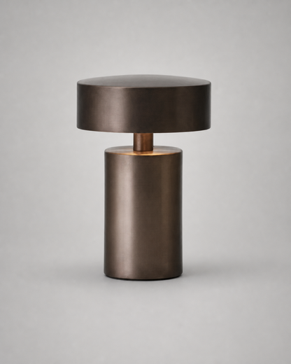 TOMI Cordless Table Lamp — Brushed Metal Cylinder, USB Charging — Brown, studio packshot on grey background | DecoHarmonie