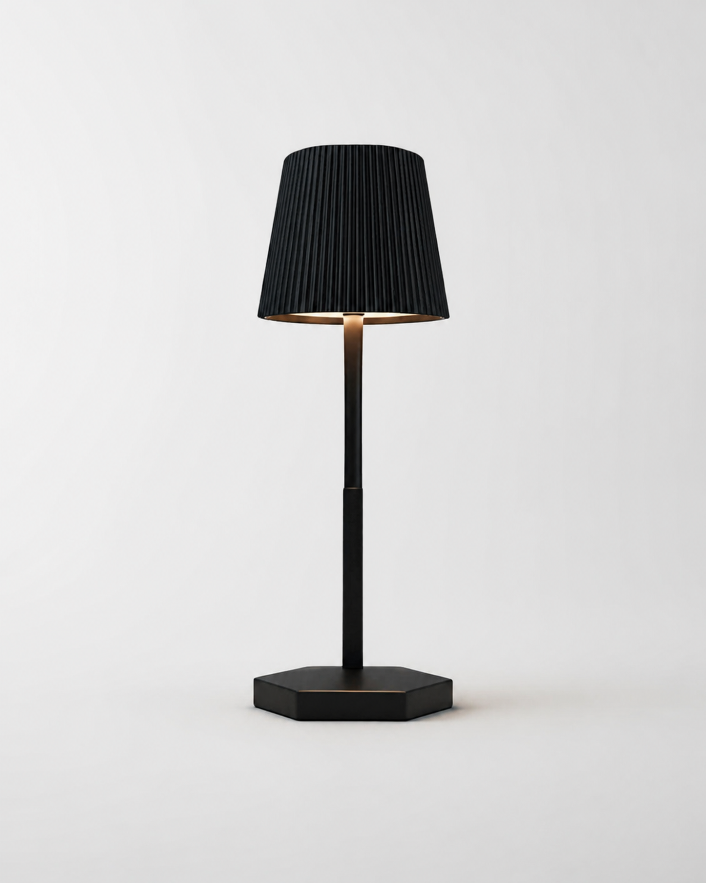 TOVI Cordless Table Lamp — Pleated Shade, Variable White LED — Black, studio packshot on grey background | DecoHarmonie