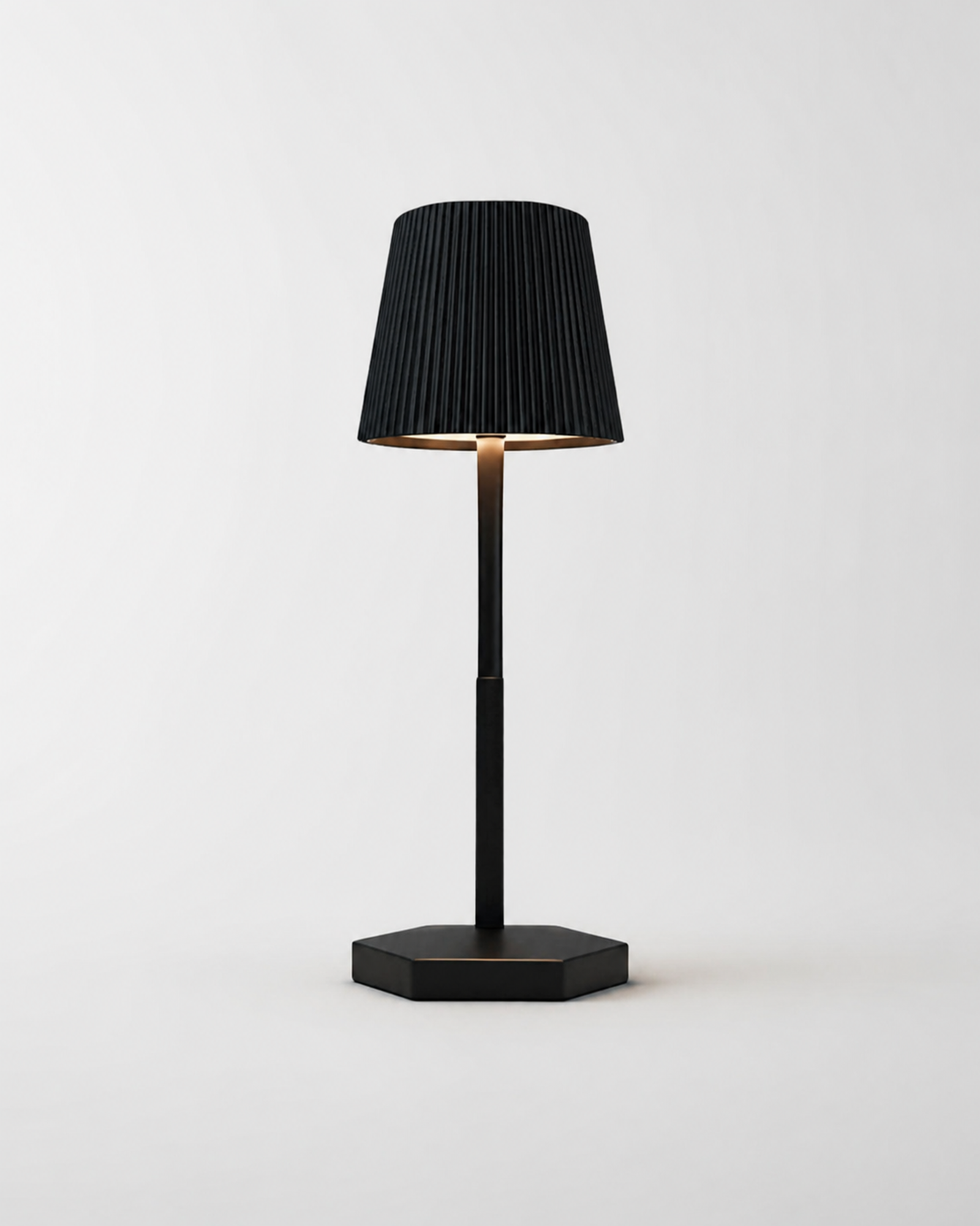 TOVI Cordless Table Lamp — Pleated Shade, Variable White LED — Black, studio packshot on grey background | DecoHarmonie