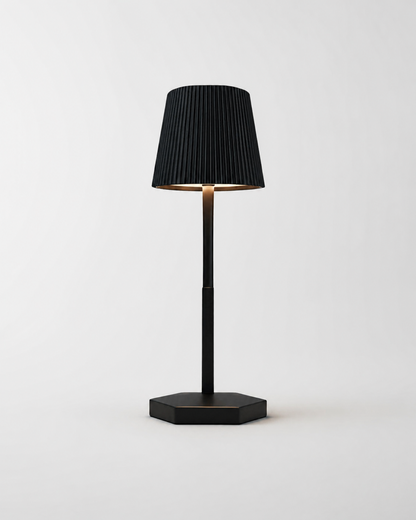TOVI Cordless Table Lamp — Pleated Shade, Variable White LED — Black, studio packshot on grey background | DecoHarmonie