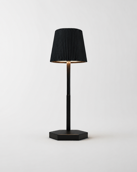 TOVI Cordless Table Lamp — Pleated Shade, Variable White LED — Black, studio packshot on grey background | DecoHarmonie