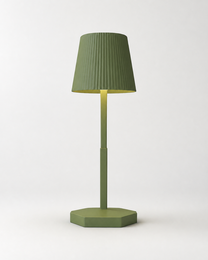 TOVI Cordless Table Lamp — Pleated Shade, Variable White LED — Green, studio packshot on grey background | DecoHarmonie