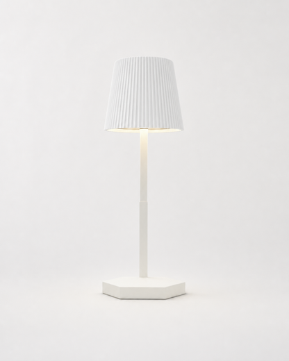 TOVI Cordless Table Lamp — Pleated Shade, Variable White LED — White, studio packshot on grey background | DecoHarmonie