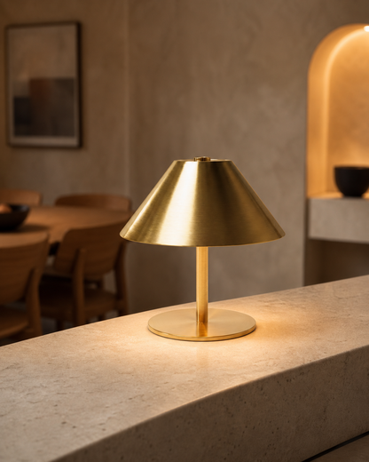 VARMA Cordless Mushroom Table Lamp — Angular Metal, Touch Control — Gold, lifestyle view, limestone dining room | DecoHarmonie