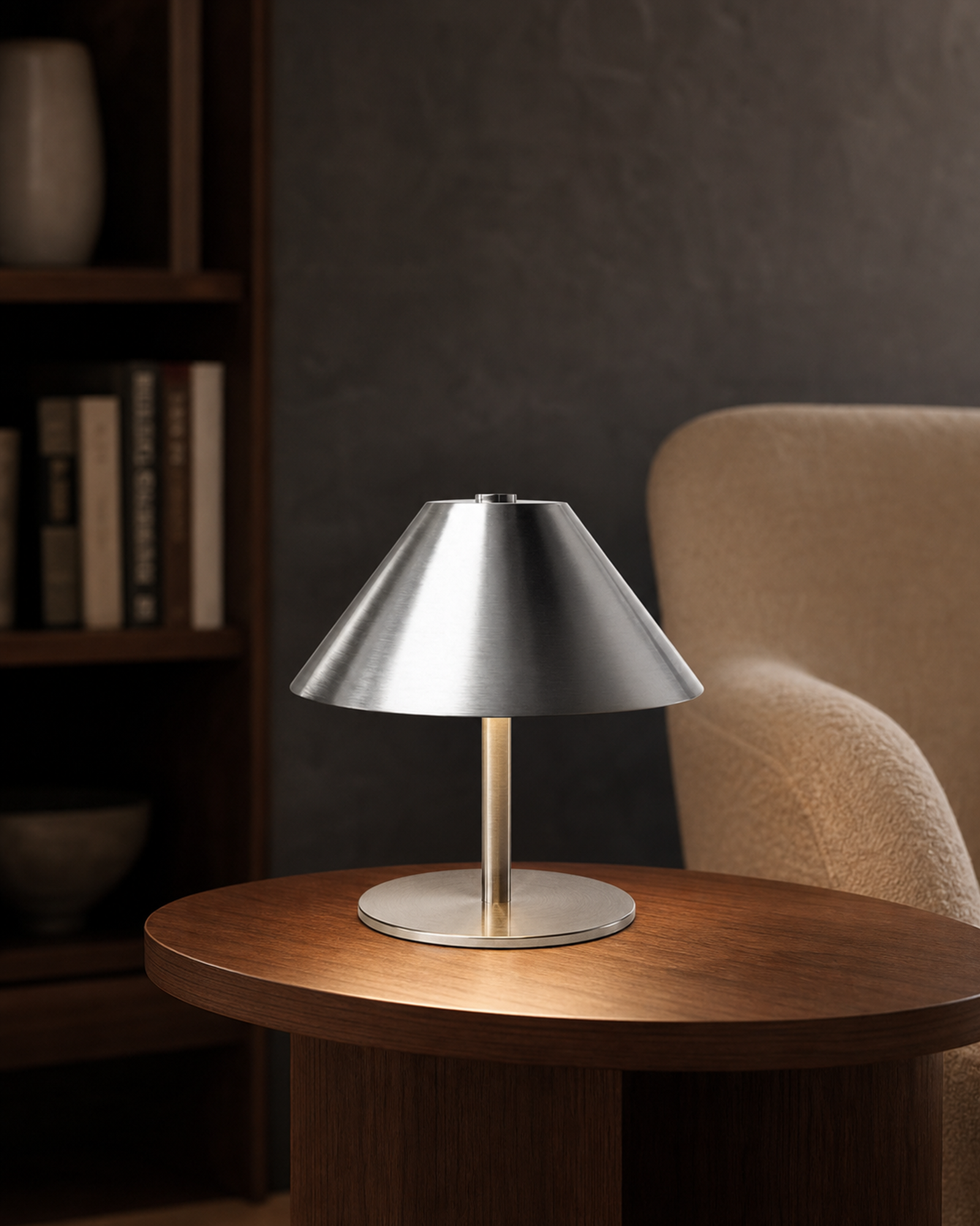 VARMA Cordless Mushroom Table Lamp — Angular Metal, Touch Control — Silver, lifestyle view, walnut reading room | DecoHarmonie
