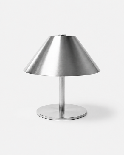 VARMA Cordless Mushroom Table Lamp — Angular Metal, Touch Control — Silver, studio packshot on grey background | DecoHarmonie