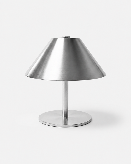 VARMA Cordless Mushroom Table Lamp — Angular Metal, Touch Control — Silver, studio packshot on grey background | DecoHarmonie