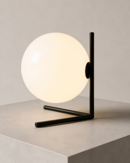 KAEN Designer Table Lamp — Slim Metal Frame, Luminous Glass Globe — Black, construction detail | DecoHarmonie