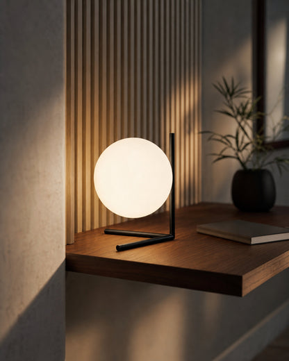 KAEN Designer Table Lamp — Slim Metal Frame, Luminous Glass Globe — Black, home office lifestyle | DecoHarmonie