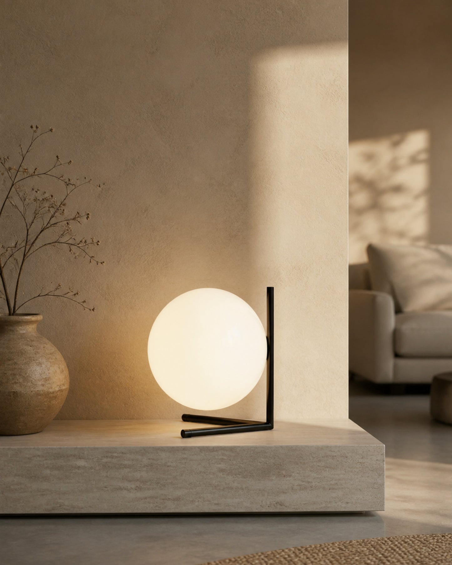 KAEN Designer Table Lamp — Slim Metal Frame, Luminous Glass Globe — Black, living room lifestyle | DecoHarmonie