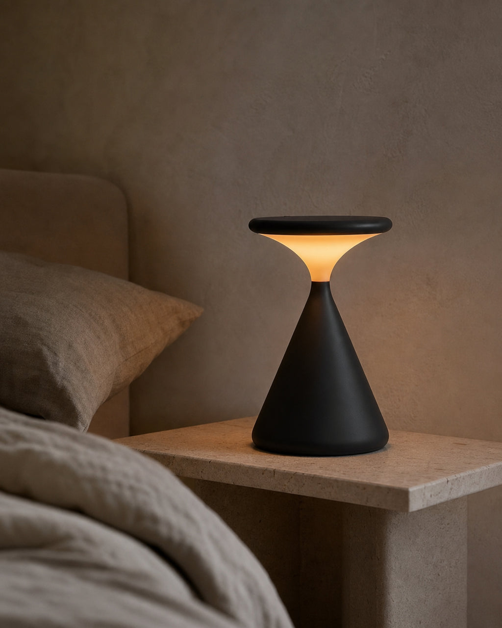 KONI Akku-Tischlampe – Schwarz, in einem Schlafzimmer | DecoHarmonie