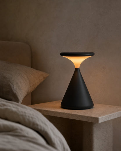 KONI Cordless Table Lamp — Matte Metal Hourglass, Touch Dimmable — Black, bedroom lifestyle | DecoHarmonie