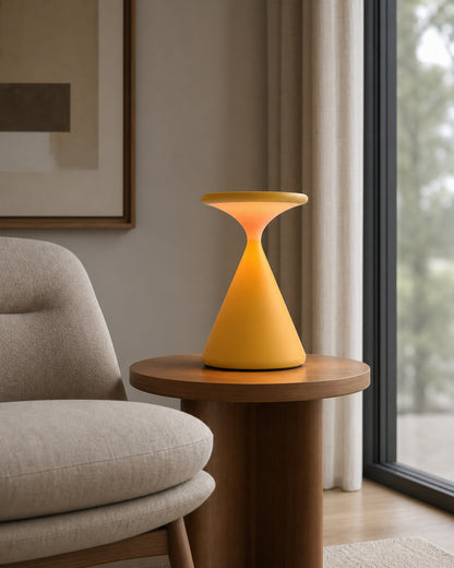 KONI Cordless Table Lamp — Matte Metal Hourglass, Touch Dimmable — Yellow, scale view | DecoHarmonie