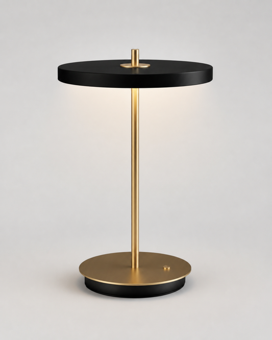 SKEN Cordless Table Lamp — Slim Stem, Touch Dimmer, Flat Shade — Black, studio packshot on grey background | DecoHarmonie