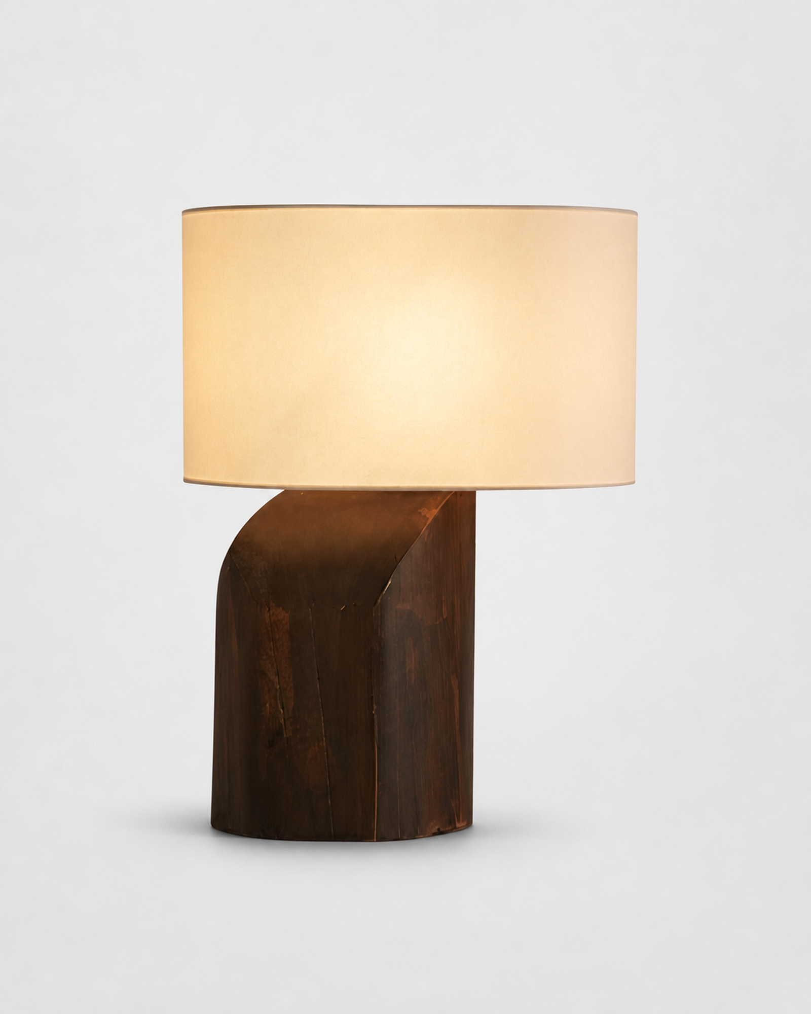 KALLE Solid Wood Table Lamp — Sculptural Base, Fabric Shade — Dark wood, studio packshot on grey background | DecoHarmonie