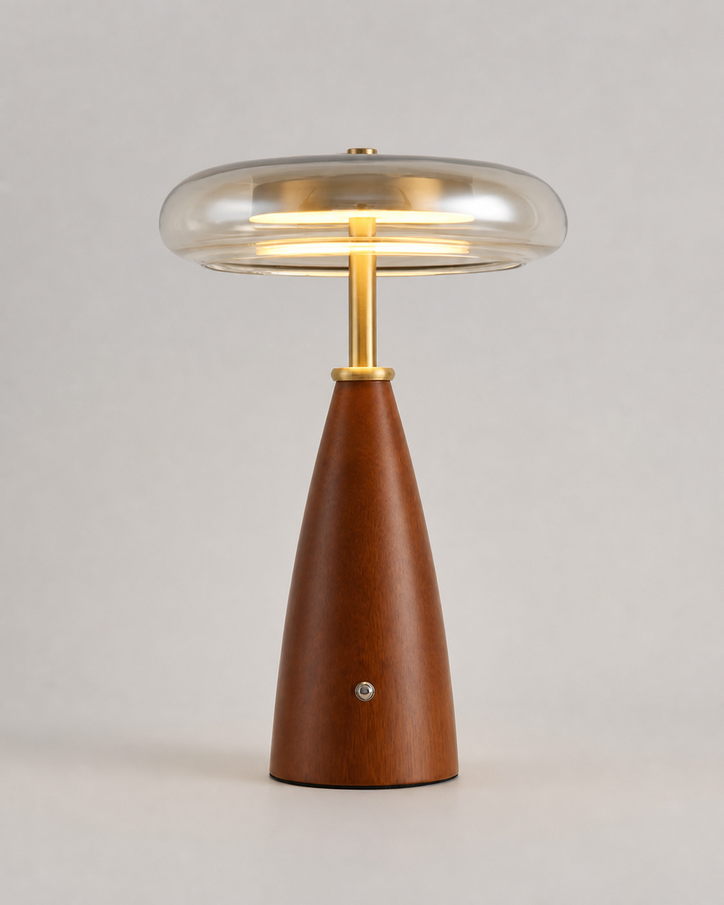 NALU Table Lamp — Solid Walnut Wood, Cognac Glass & Gold Brass — Large, studio packshot on grey background | DecoHarmonie