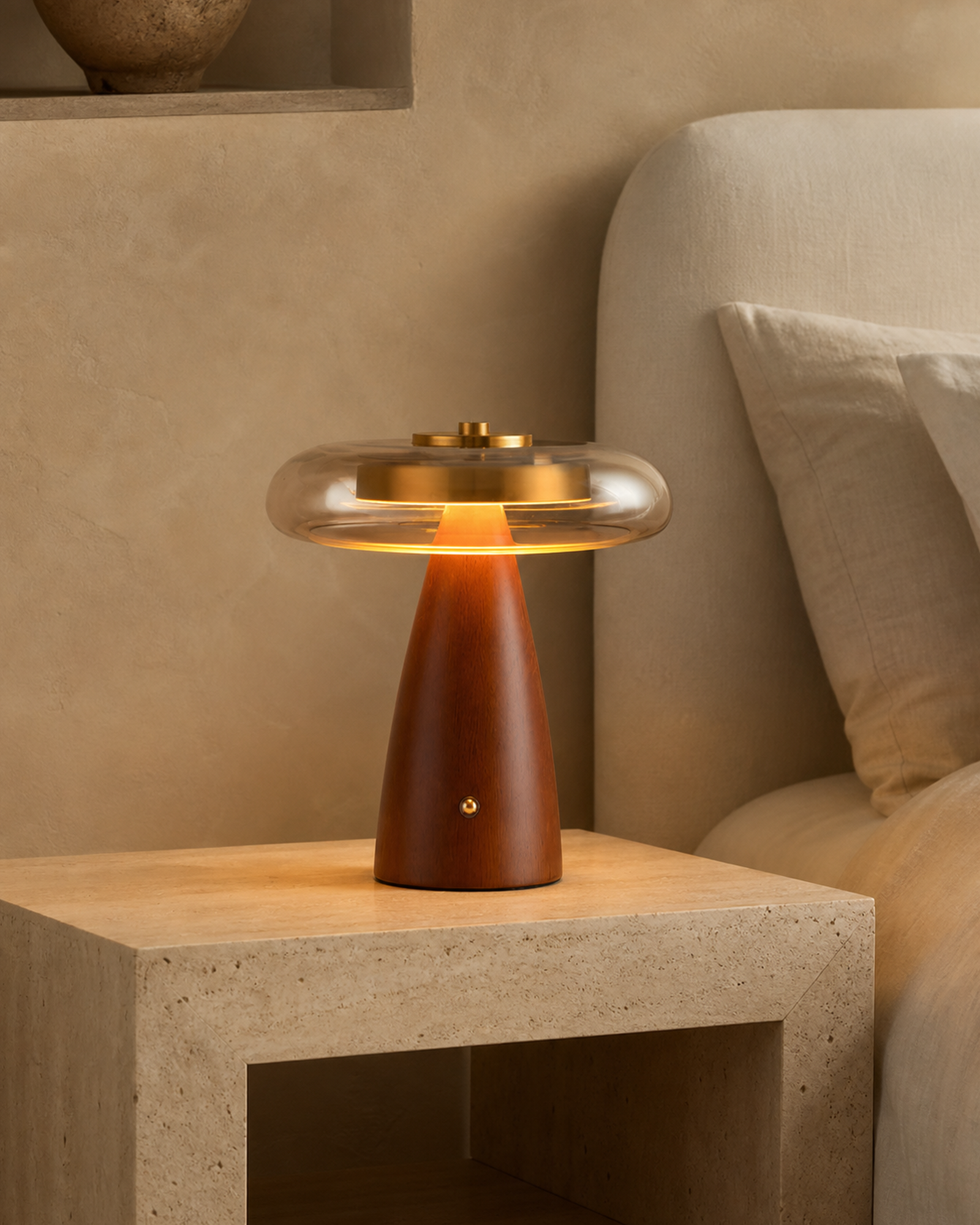 NALU Table Lamp — Solid Walnut Wood, Cognac Glass & Gold Brass — Small, lifestyle view, travertine bedroom | DecoHarmonie