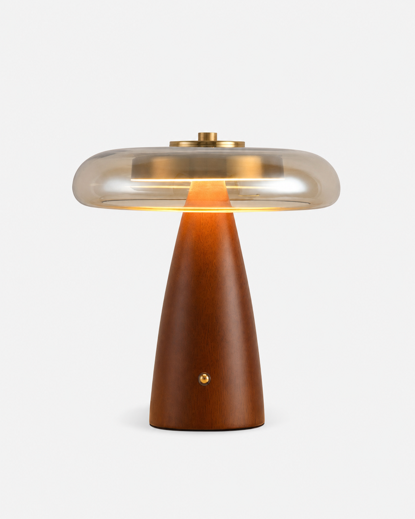 NALU Table Lamp — Solid Walnut Wood, Cognac Glass & Gold Brass — Small, studio packshot on grey background | DecoHarmonie