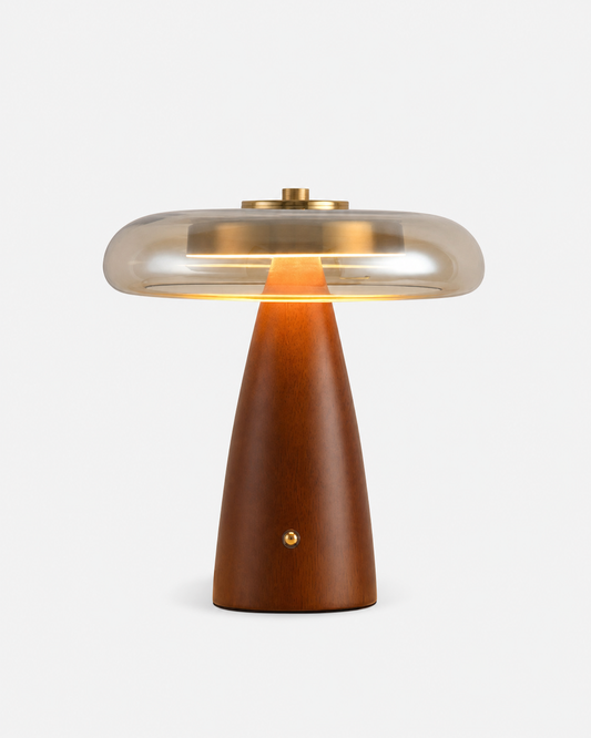 NALU Table Lamp — Solid Walnut Wood, Cognac Glass & Gold Brass — Small, studio packshot on grey background | DecoHarmonie