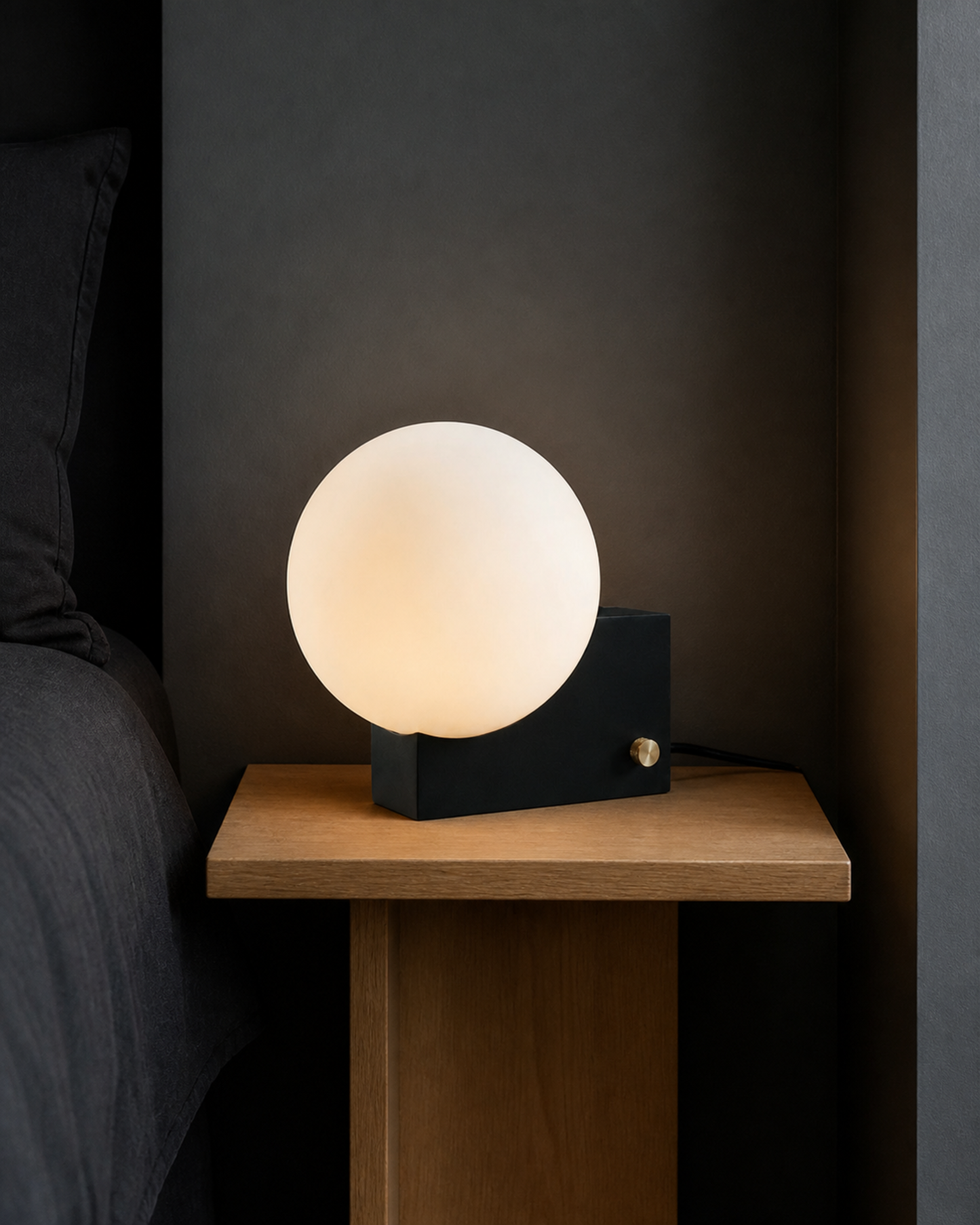TERO Table Lamp — Metal Base, Asymmetric Opal Glass Globe — Black, lifestyle | DecoHarmonie