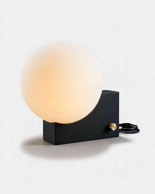 TERO Table Lamp — Metal Base, Asymmetric Opal Glass Globe — Black, packshot | DecoHarmonie
