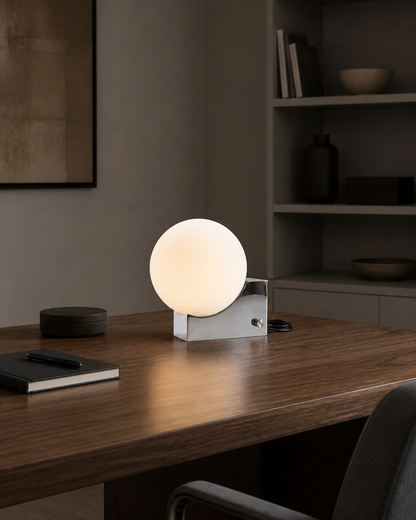 TERO Table Lamp — Metal Base, Asymmetric Opal Glass Globe — Chrome, contextual scale | DecoHarmonie