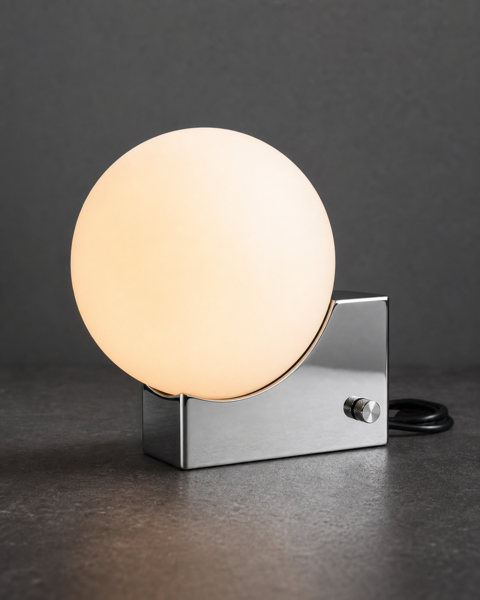 TERO Table Lamp — Metal Base, Asymmetric Opal Glass Globe — Chrome, material detail | DecoHarmonie