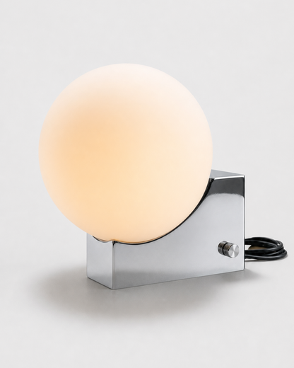 TERO Table Lamp — Metal Base, Asymmetric Opal Glass Globe — Chrome, packshot | DecoHarmonie