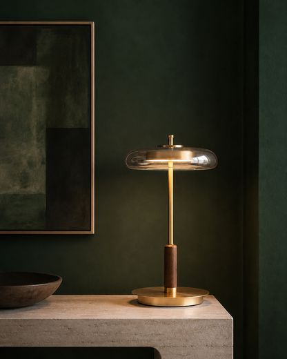 TOCRIS Brass & Walnut Table Lamp — Amber Glass, Mid-Century Style — Default, lifestyle | DecoHarmonie