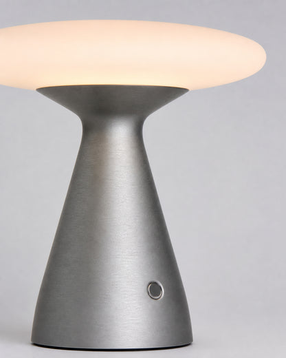 PRISM Touch Table Lamp — Precision Aluminium, Opaline Glass Dome — Grey, button material detail | DecoHarmonie