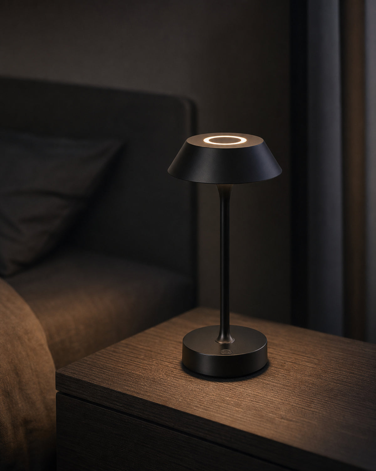 RUVA Metall-Tischlampe – Schwarz, auf einem Nachttisch | DecoHarmonie