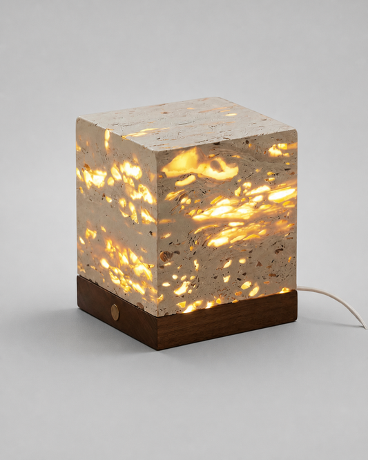 OMA Travertine & Walnut Table Lamp — USB, Organic Minimalist Design — Large, studio packshot on grey background | DecoHarmonie