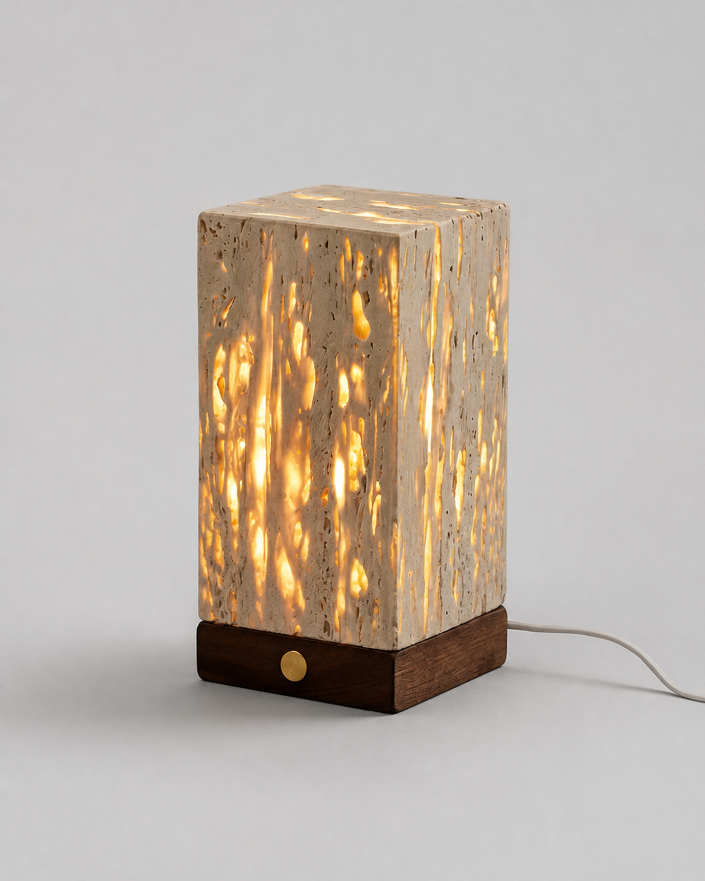 OMA Travertine & Walnut Table Lamp — USB, Organic Minimalist Design — Narrow, studio packshot on grey background | DecoHarmonie