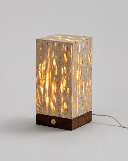 OMA Travertine & Walnut Table Lamp — USB, Organic Minimalist Design — Narrow, studio packshot on grey background | DecoHarmonie